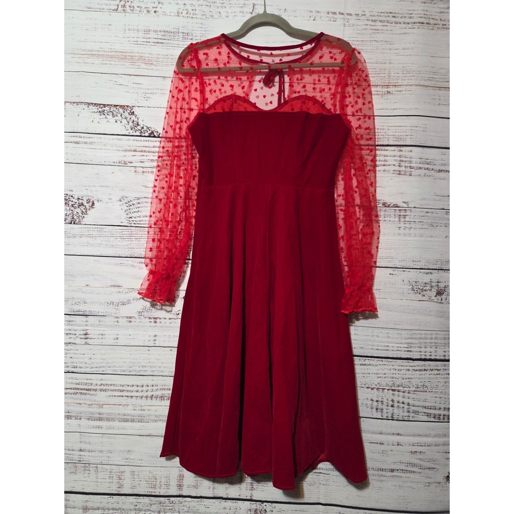 Shein Red Velvet Heart Mesh Sleeve Fit Flare Dress Sz S Valentine Party Sabrina